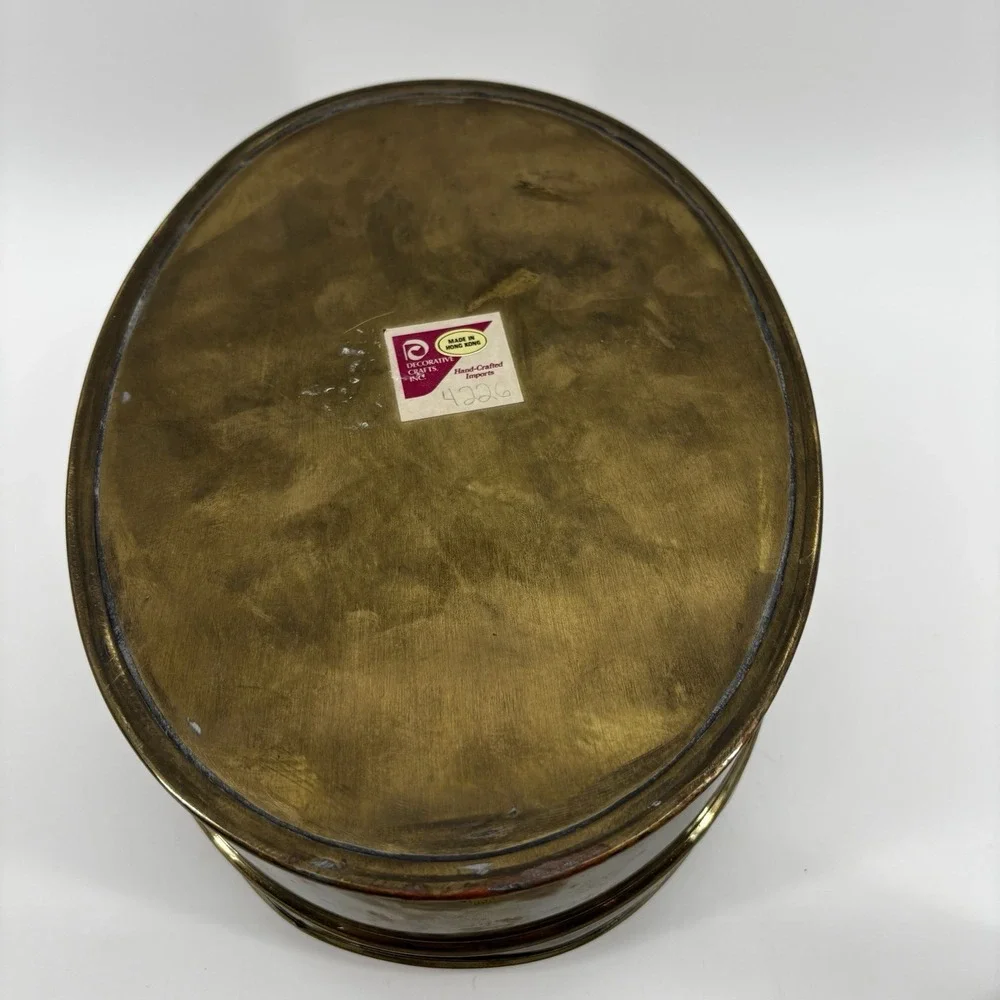 Vintage Brass Chinese Longevity Jewelry Trinket Keepsake Box, Oval, 11